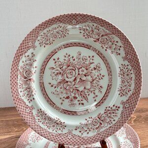 Vintage Pink Transferware Plates, Wood & Sons Kew, English Floral Dinner Plates